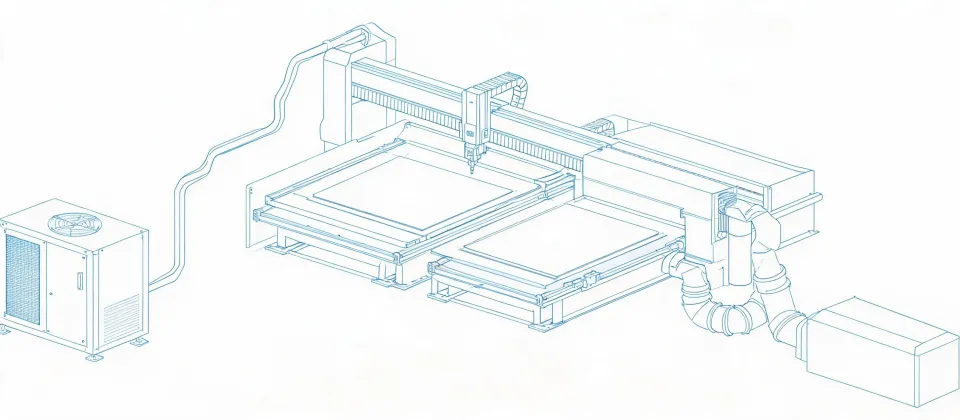 Illustration of a fiber laser bay layout used as a discussion sketch, not a mapped storefront