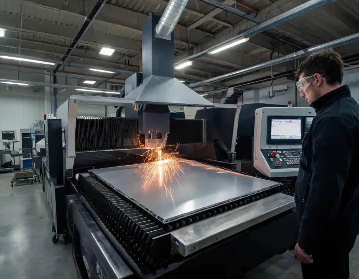 Operator watching a fiber laser cutting stainless sheet on a shuttle table with extraction hood